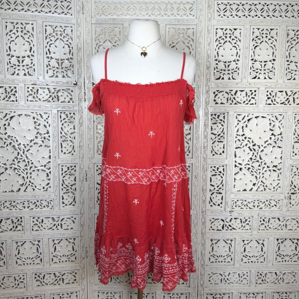 Intimately Free People Red Off Shoulder Smocked Dress Sz Medium Boho‎ Hippie